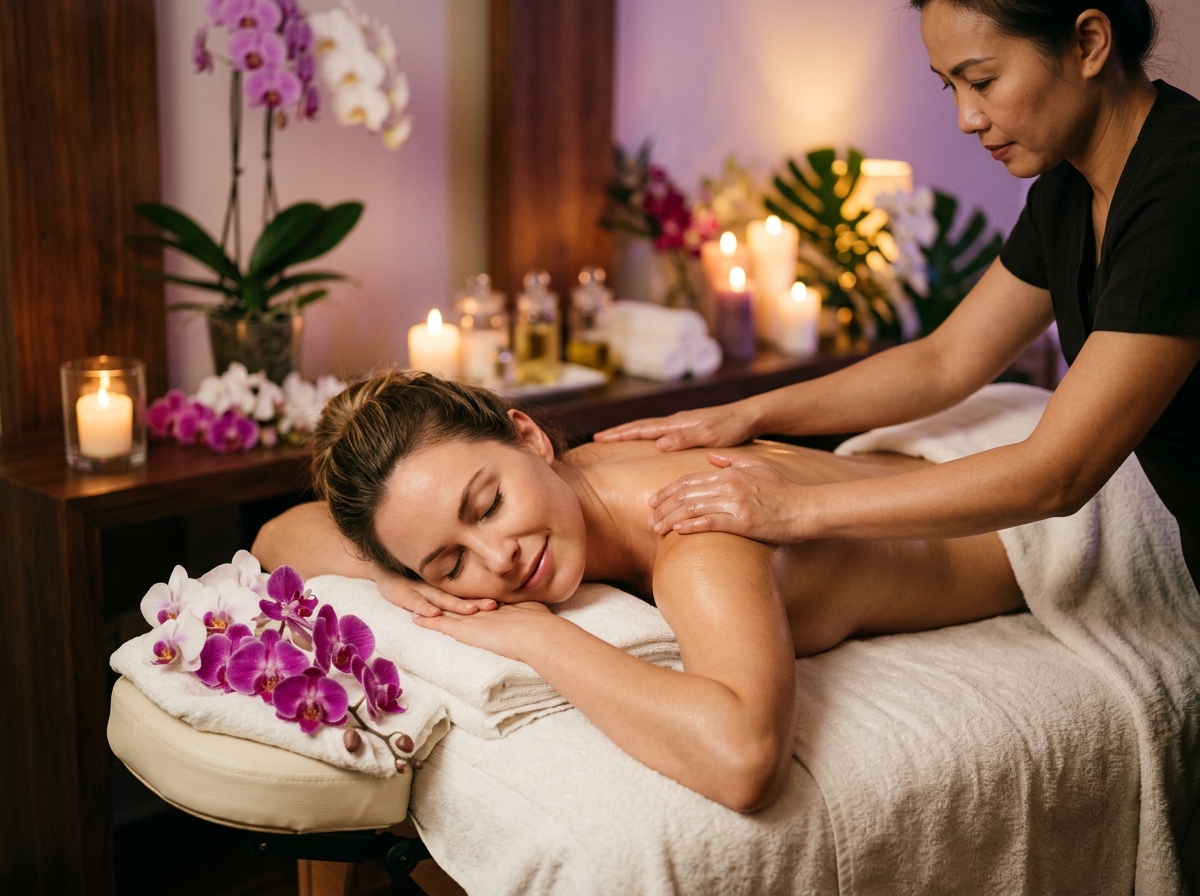 Pessoa recebendo massagem relaxante nas costas em ambiente tranquilo e acolhedor
