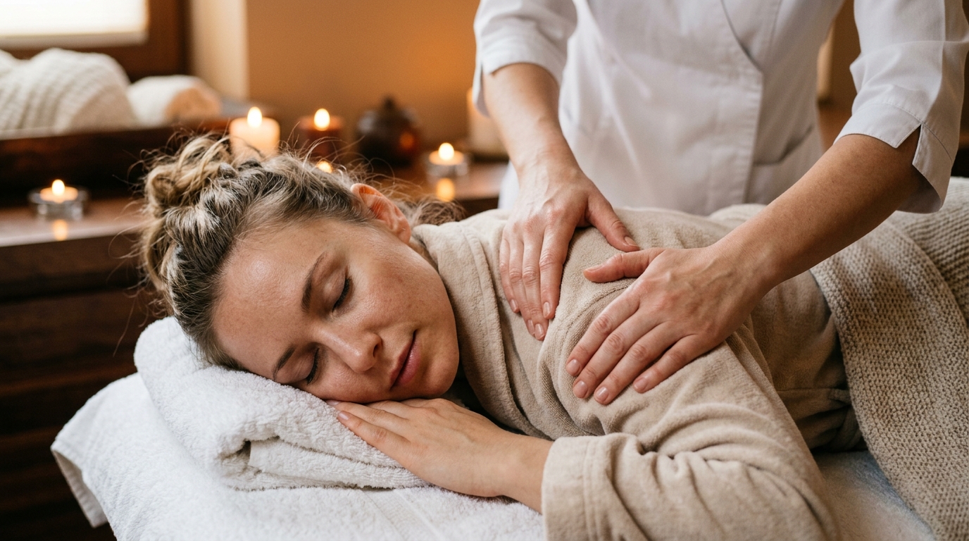 Mulher relaxando durante sessão de massoterapia e terapia manual na clínica Terapias Manuais