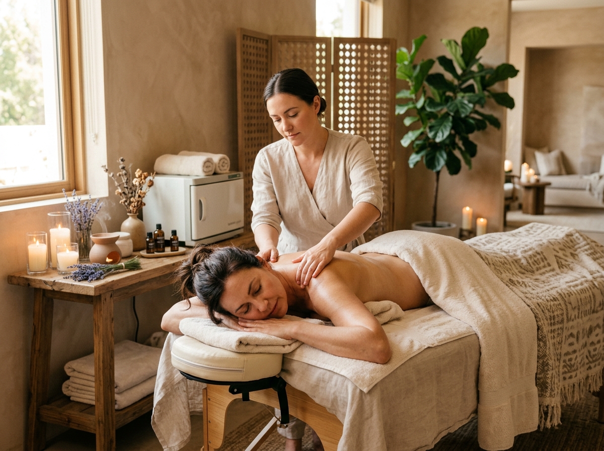 Atendimento profissional de massoterapia e terapias manuais em ambiente acolhedor