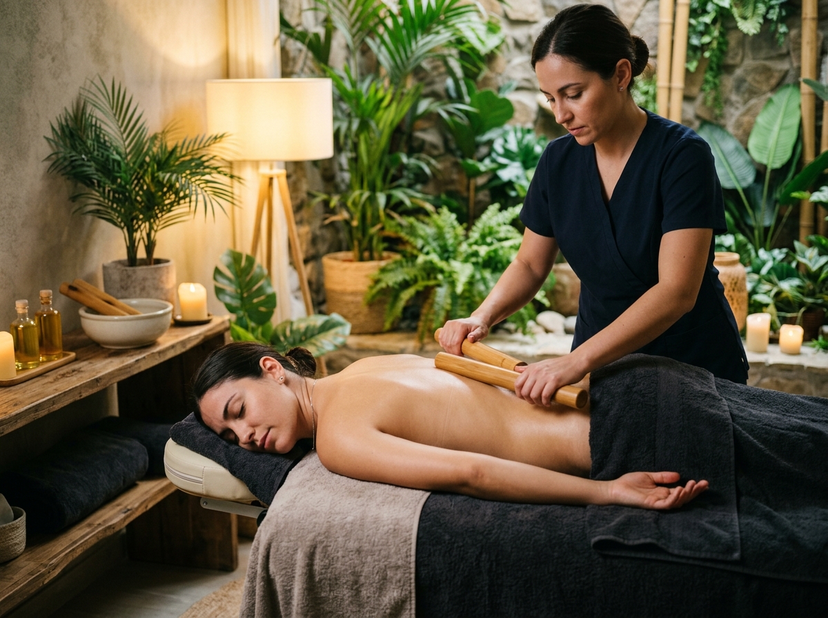 Profissional realizando bambuterapia com hastes orgânicas de bambu