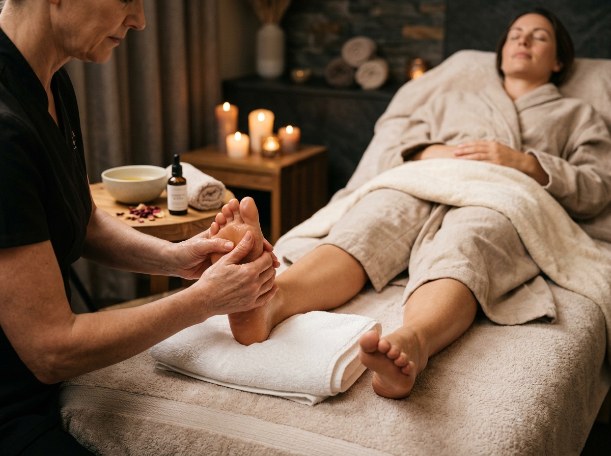 Reflexologia podal com estímulo e pressão precisa nos pontos dos pés