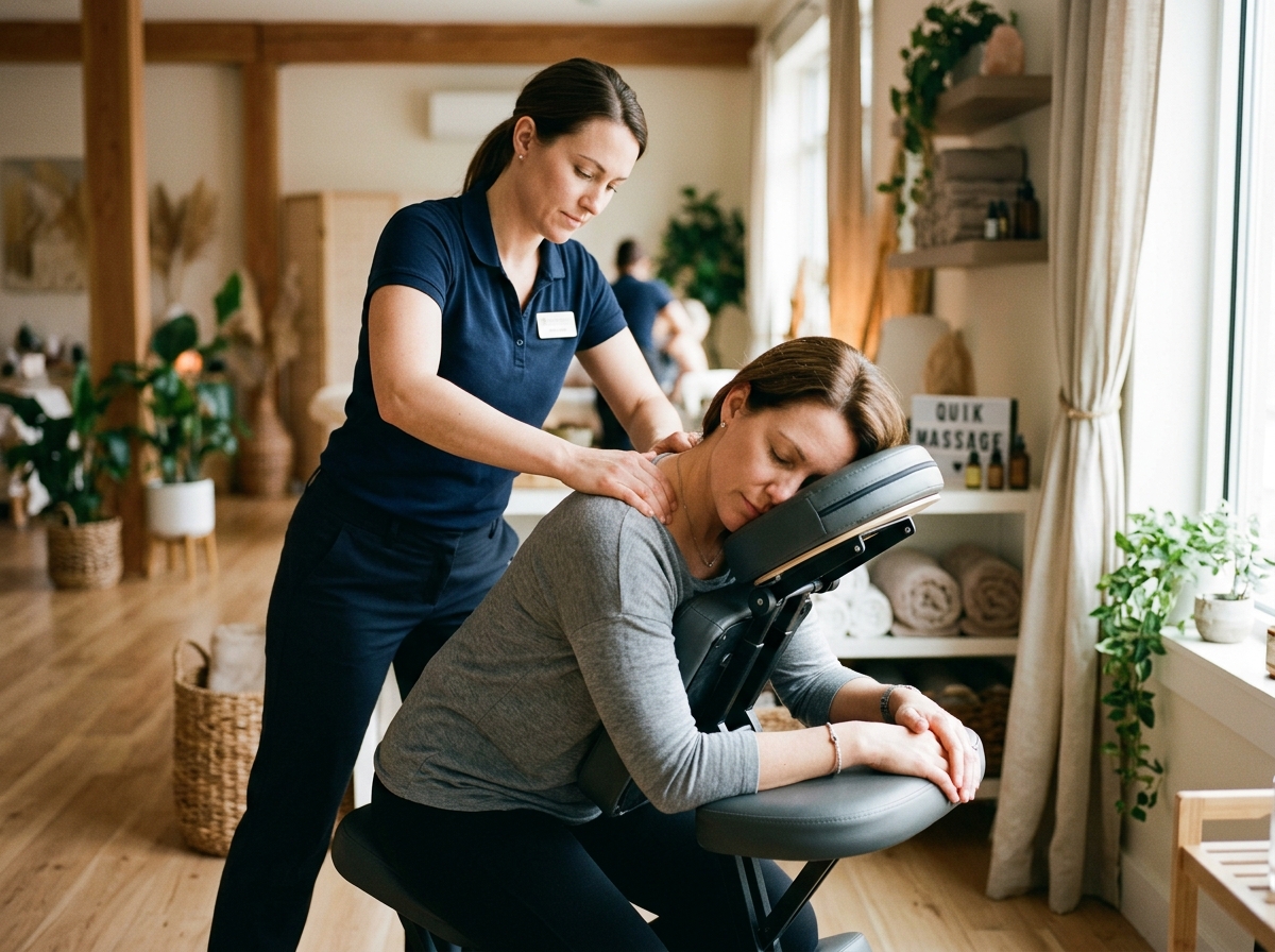 Quick Massage realizada em cadeira ergonômica com cliente sentado e terapeuta massageando os ombros